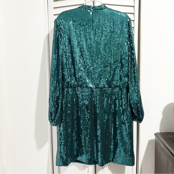 Whistles Dena Teal Sequin Long Sleeve Mini Dress Size US 14 - Picture 9 of 12